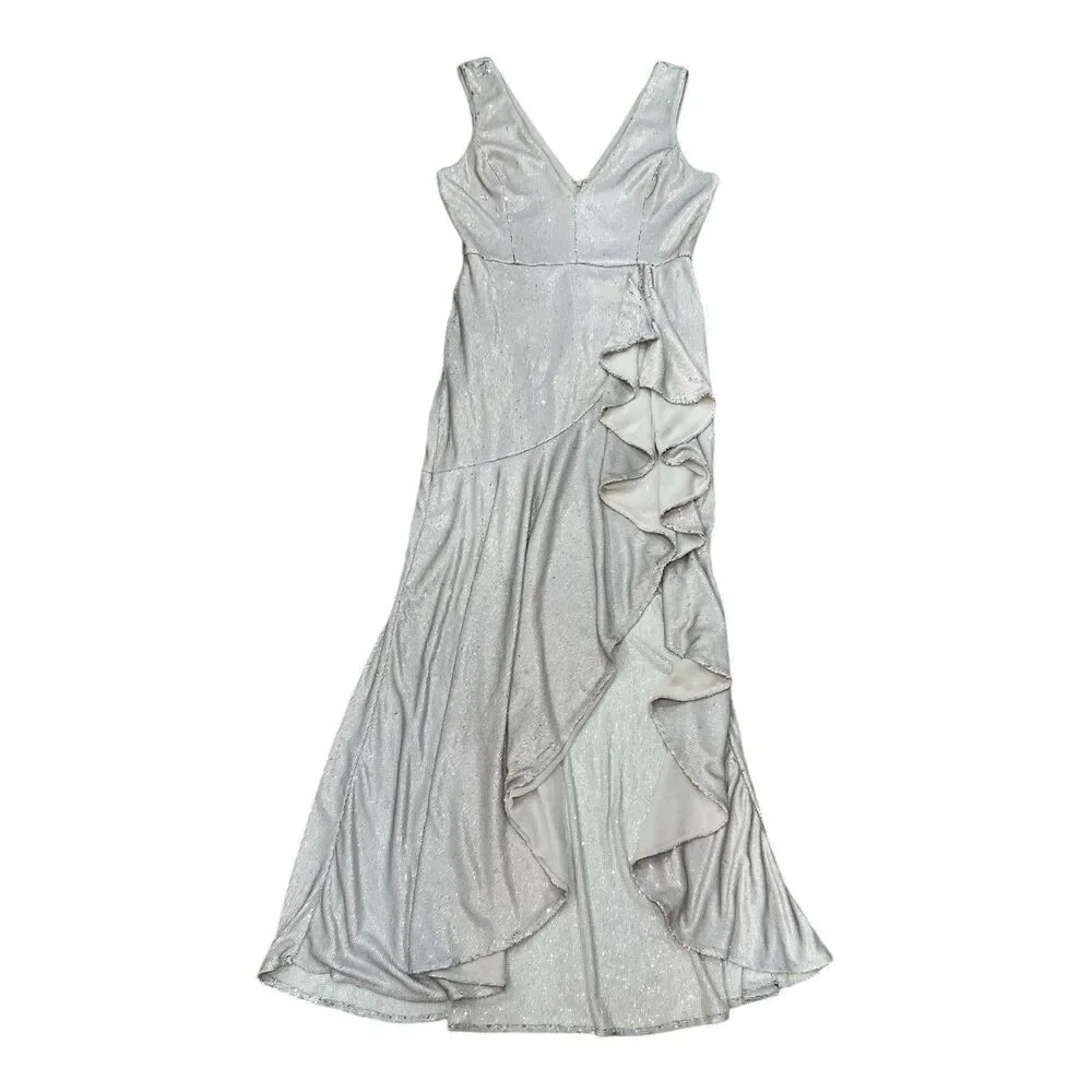 Badgley Mischka Champagne Ruffled Sequin Waterfall Gown 14